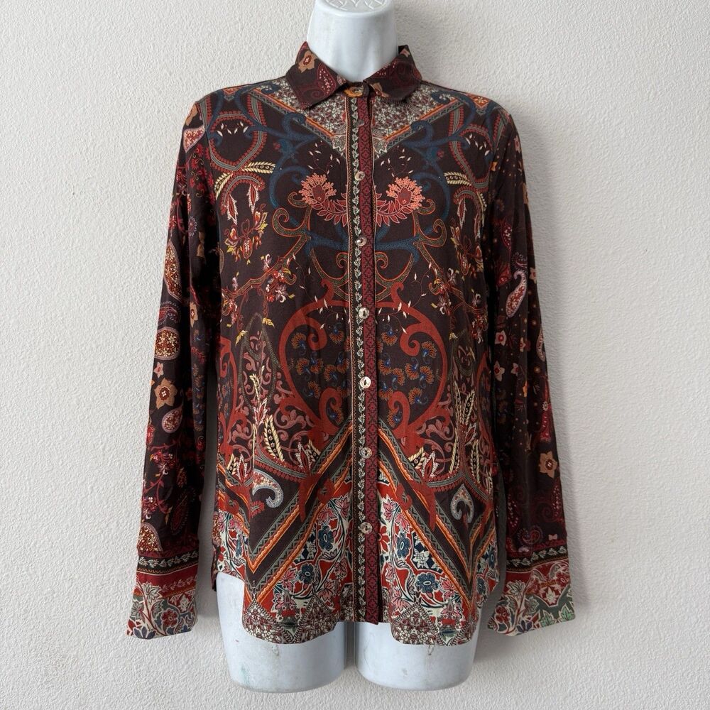 Johnny Was Rayon Janie Favorite Button Front Shirt Blouse Boho Paisley Floral XS